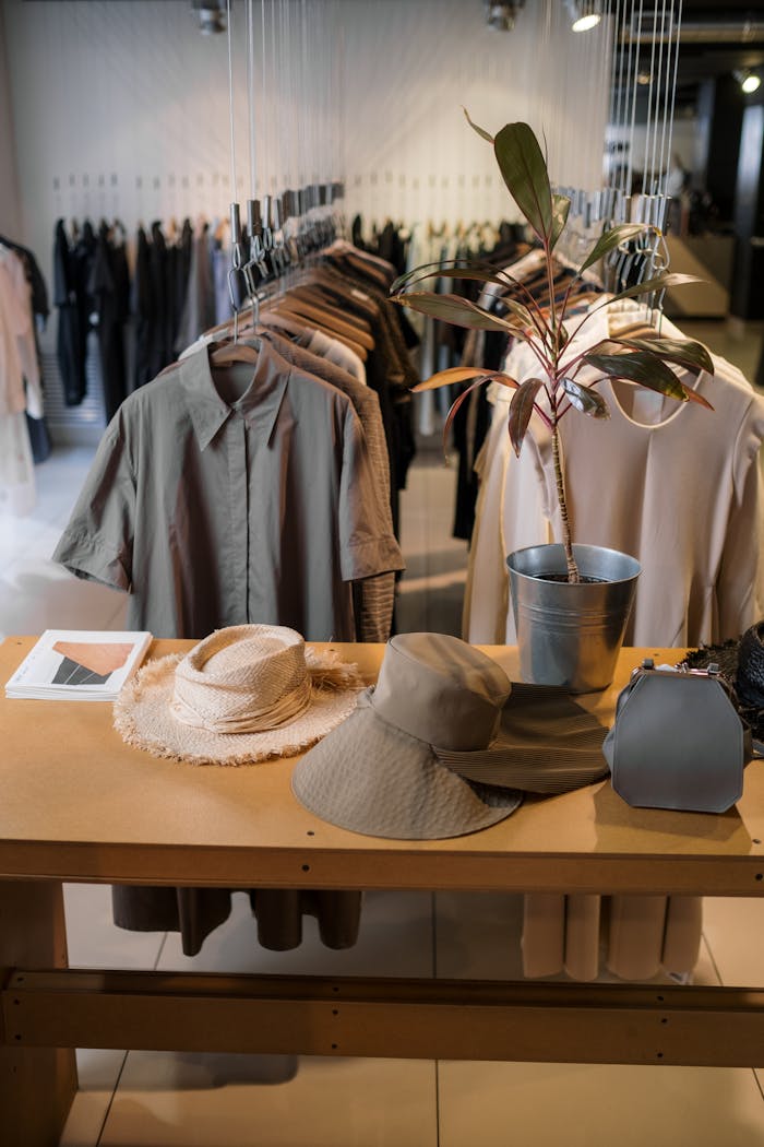 A boutique display featuring stylish clothing and accessories on a wooden table.